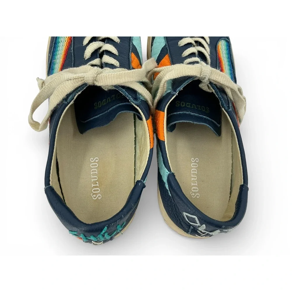 Soludos Chill Out Navy Leather Low Top Sneakers Womens 9.5‎ Embroidered Rainbow